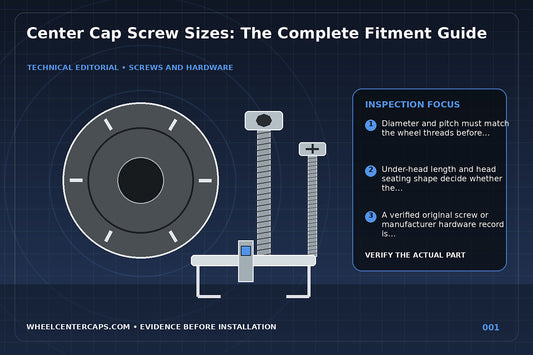 Macro comparison of labeled center cap screws beside a wheel cap; technical editorial illustration for center cap screw sizes with no manufacturer logo reproduction