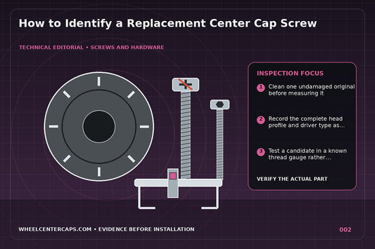 Caliper measuring the diameter and length of one center cap screw; technical editorial illustration for replacement center cap screws with no manufacturer logo reproduction