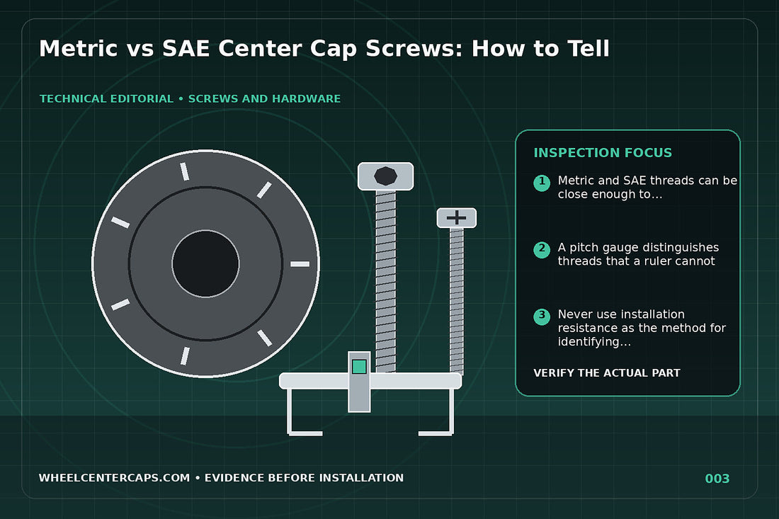 Split scene of metric and SAE thread gauges testing two screws; technical editorial illustration for metric vs SAE center cap screws with no manufacturer logo reproduction