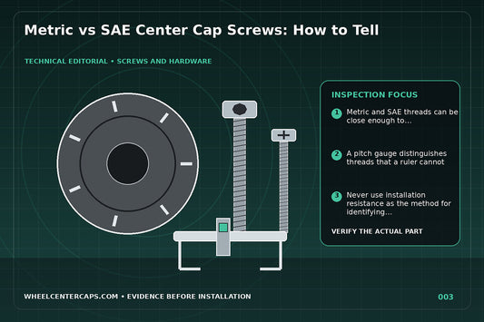 Split scene of metric and SAE thread gauges testing two screws; technical editorial illustration for metric vs SAE center cap screws with no manufacturer logo reproduction