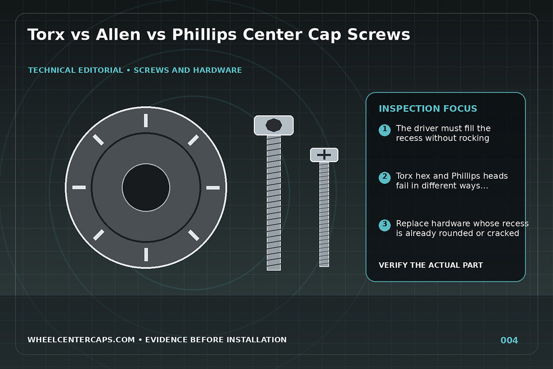Three center cap screws with Torx hex and Phillips drivers aligned above them; technical editorial illustration for center cap screw head types with no manufacturer logo reproduction