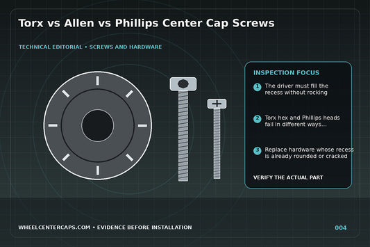 Three center cap screws with Torx hex and Phillips drivers aligned above them; technical editorial illustration for center cap screw head types with no manufacturer logo reproduction