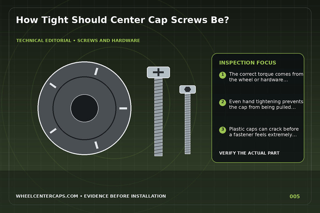Hand torque driver tightening a center cap screw on a wheel; technical editorial illustration for center cap screw torque with no manufacturer logo reproduction