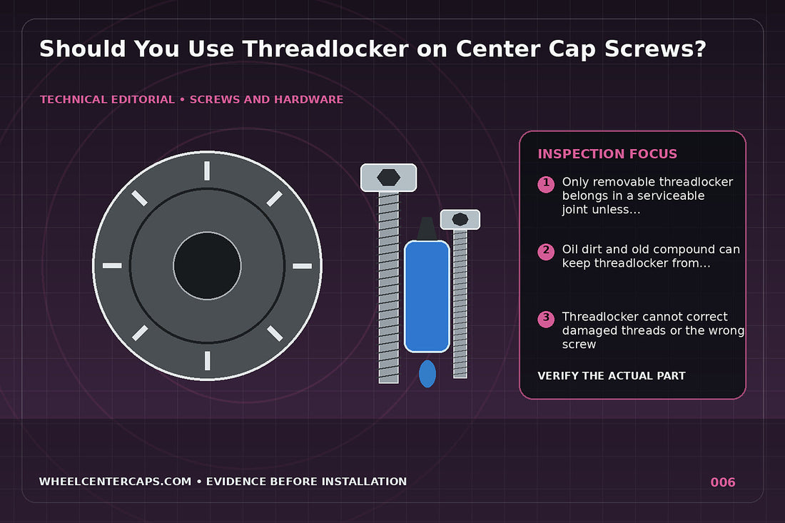 Blue removable threadlocker drop beside a clean center cap screw; technical editorial illustration for threadlocker center cap screws with no manufacturer logo reproduction