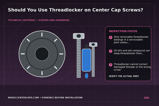 Blue removable threadlocker drop beside a clean center cap screw; technical editorial illustration for threadlocker center cap screws with no manufacturer logo reproduction