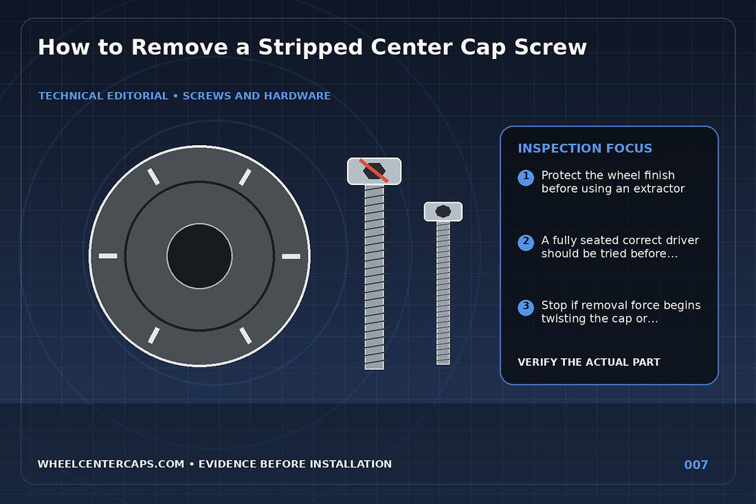 Close-up of a stripped screw with extractor and protective tape; technical editorial illustration for remove stripped center cap screw with no manufacturer logo reproduction