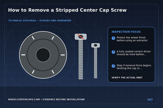Close-up of a stripped screw with extractor and protective tape; technical editorial illustration for remove stripped center cap screw with no manufacturer logo reproduction