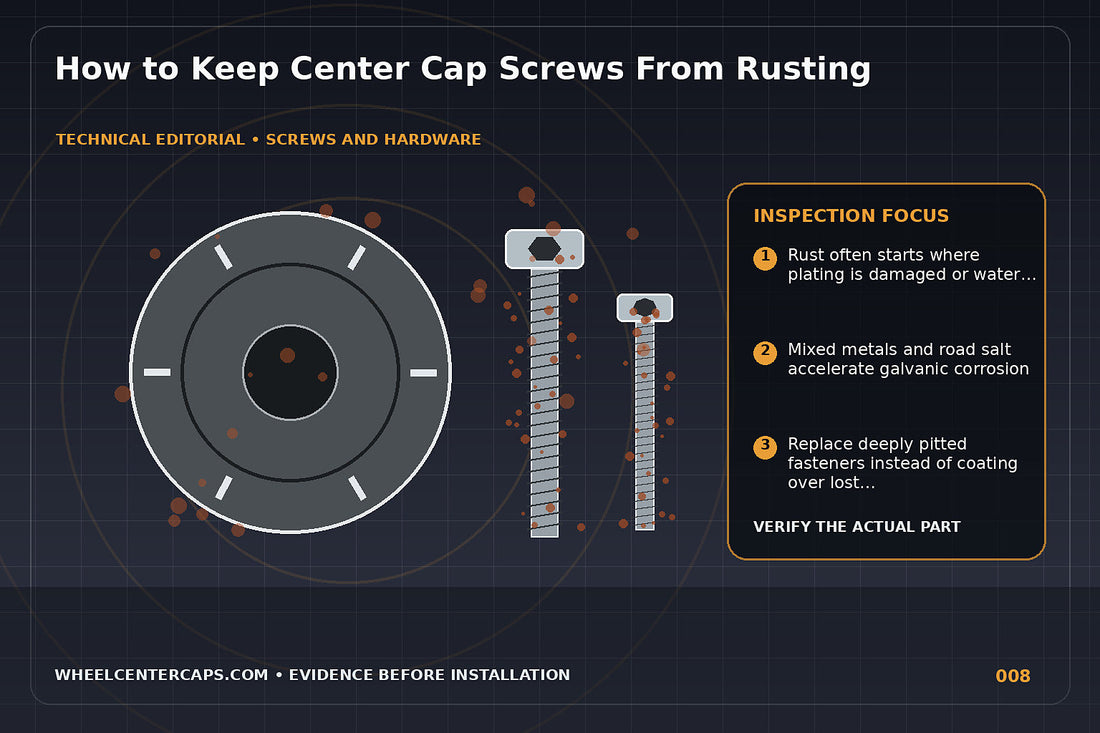 Before-and-after comparison of rusty and corrosion-resistant cap screws; technical editorial illustration for rusty center cap screws with no manufacturer logo reproduction