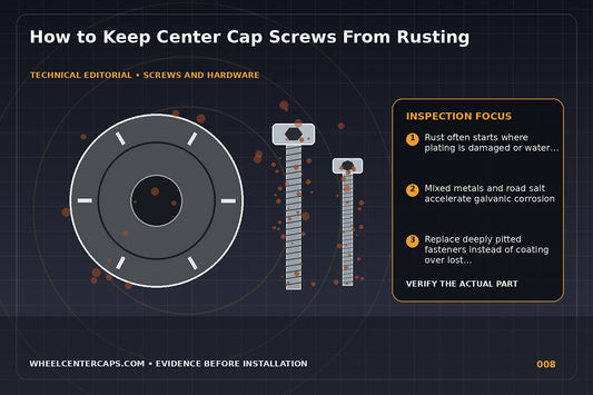 Before-and-after comparison of rusty and corrosion-resistant cap screws; technical editorial illustration for rusty center cap screws with no manufacturer logo reproduction