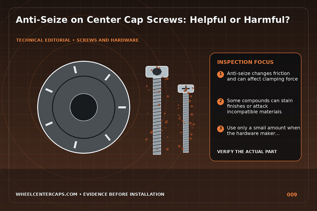 Small anti-seize brush near steel screw and aluminum wheel surface; technical editorial illustration for anti seize center cap screws with no manufacturer logo reproduction