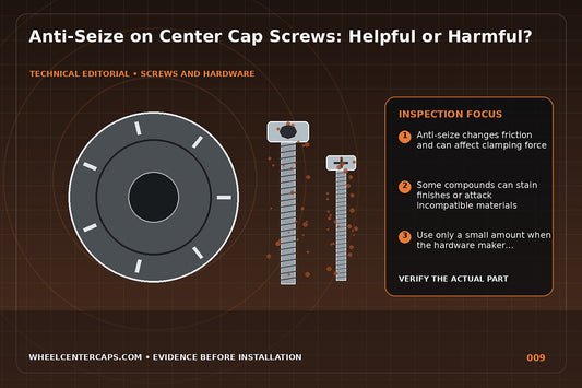 Small anti-seize brush near steel screw and aluminum wheel surface; technical editorial illustration for anti seize center cap screws with no manufacturer logo reproduction