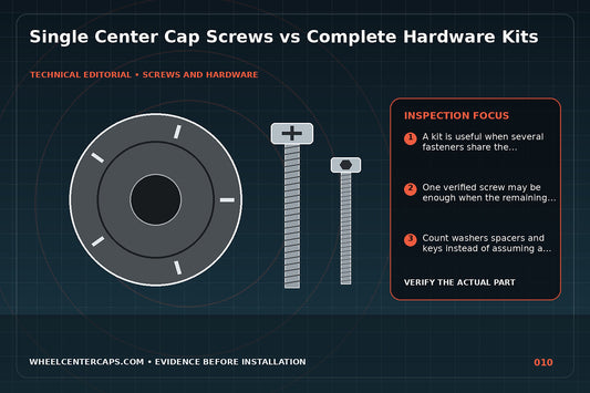 One loose screw on left and a complete labeled hardware kit on right; technical editorial illustration for center cap hardware kit with no manufacturer logo reproduction