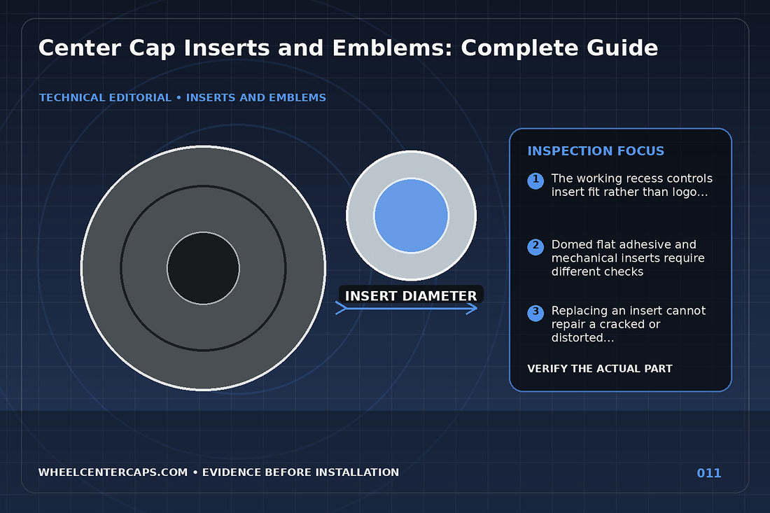 Display board of domed flat adhesive and snap-in logo inserts; technical editorial illustration for center cap inserts with no manufacturer logo reproduction