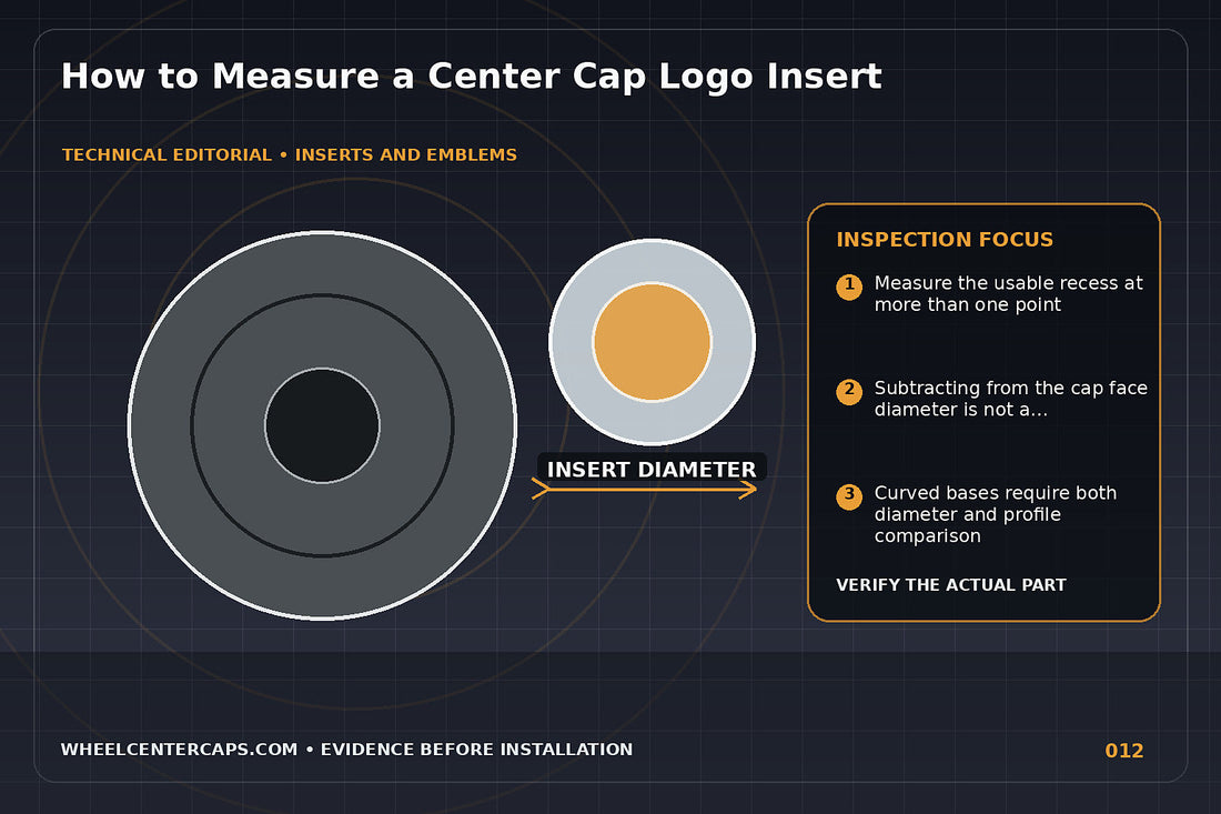 Digital caliper measuring the recessed emblem pocket on a cap; technical editorial illustration for measure center cap insert with no manufacturer logo reproduction