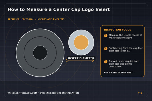 Digital caliper measuring the recessed emblem pocket on a cap; technical editorial illustration for measure center cap insert with no manufacturer logo reproduction