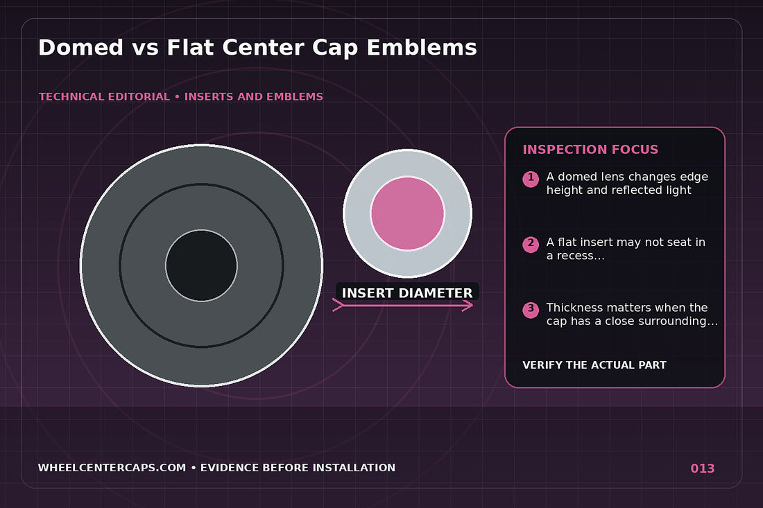 Side-profile comparison of clear-domed and flat wheel emblems; technical editorial illustration for domed center cap emblem with no manufacturer logo reproduction