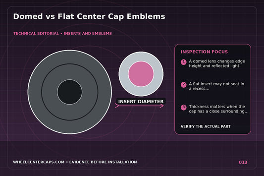 Side-profile comparison of clear-domed and flat wheel emblems; technical editorial illustration for domed center cap emblem with no manufacturer logo reproduction