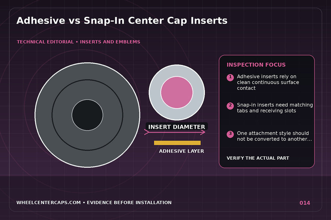 Exploded view showing adhesive-backed and snap-in insert mounting; technical editorial illustration for adhesive center cap insert with no manufacturer logo reproduction