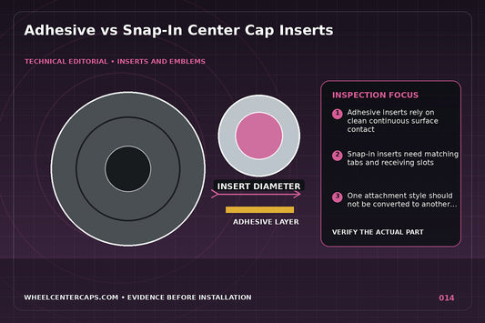 Exploded view showing adhesive-backed and snap-in insert mounting; technical editorial illustration for adhesive center cap insert with no manufacturer logo reproduction