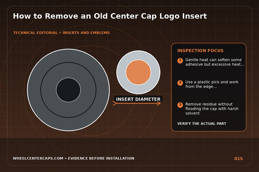 Plastic pick lifting an old emblem with heat source in background; technical editorial illustration for remove center cap emblem with no manufacturer logo reproduction