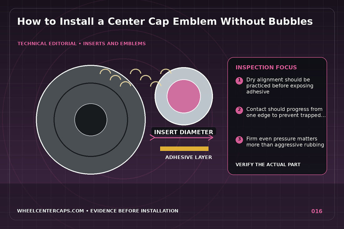 Hands centering a new emblem with alignment marks and squeegee; technical editorial illustration for install center cap emblem with no manufacturer logo reproduction