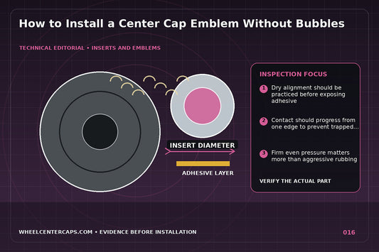 Hands centering a new emblem with alignment marks and squeegee; technical editorial illustration for install center cap emblem with no manufacturer logo reproduction