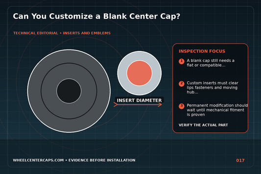 Blank black center cap beside several tasteful custom insert options; technical editorial illustration for custom center cap insert with no manufacturer logo reproduction