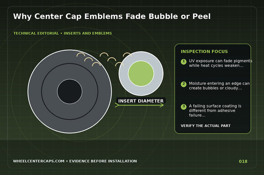Three damaged emblems showing fading bubbling and peeling; technical editorial illustration for center cap emblem peeling with no manufacturer logo reproduction