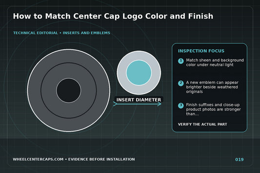 Color swatches beside chrome black red and silver wheel emblems; technical editorial illustration for match center cap emblem with no manufacturer logo reproduction
