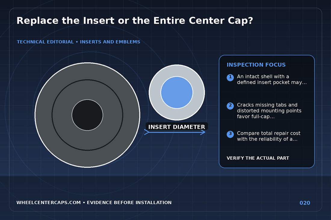 Decision-style image of damaged emblem versus damaged cap shell; technical editorial illustration for center cap insert replacement with no manufacturer logo reproduction