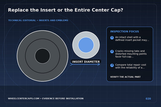 Decision-style image of damaged emblem versus damaged cap shell; technical editorial illustration for center cap insert replacement with no manufacturer logo reproduction