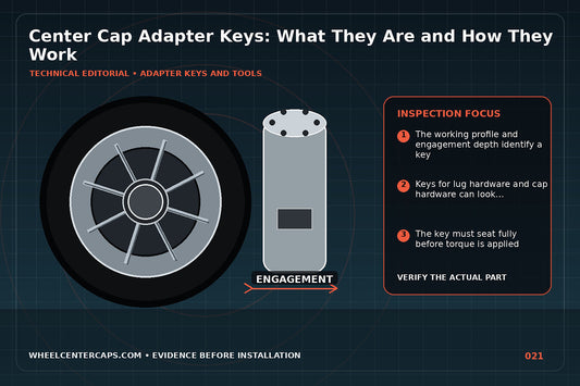 Labeled lineup of common center cap adapter key shapes; technical editorial illustration for center cap adapter key with no manufacturer logo reproduction