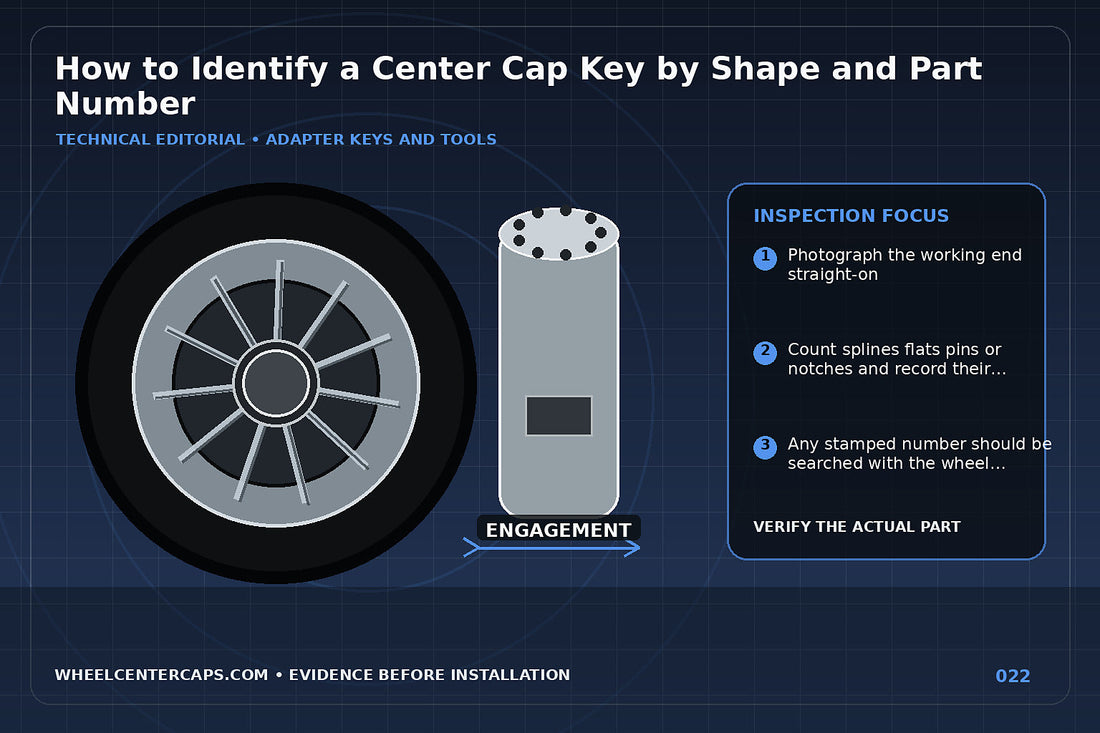 Top-down key silhouette chart with part-number tags; technical editorial illustration for identify center cap key with no manufacturer logo reproduction