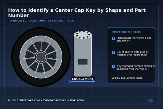 Top-down key silhouette chart with part-number tags; technical editorial illustration for identify center cap key with no manufacturer logo reproduction