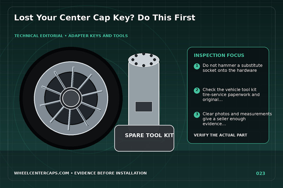 Empty tool slot beside wheel cap and a replacement-key checklist; technical editorial illustration for lost center cap key with no manufacturer logo reproduction