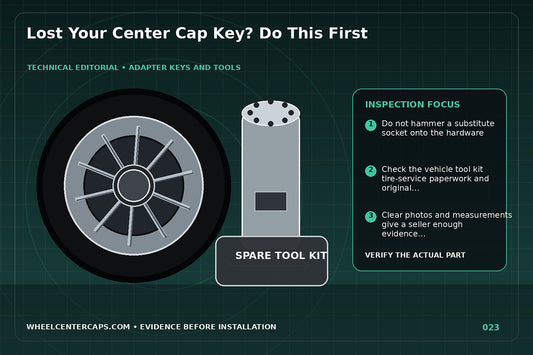 Empty tool slot beside wheel cap and a replacement-key checklist; technical editorial illustration for lost center cap key with no manufacturer logo reproduction