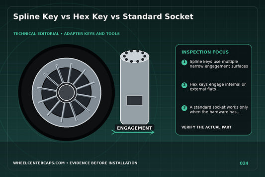 Three tool types seated on matching fastener profiles; technical editorial illustration for spline key vs hex key with no manufacturer logo reproduction