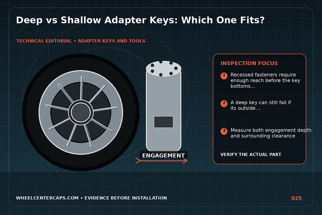 Cross-section of deep and shallow keys over recessed fasteners; technical editorial illustration for deep socket adapter key with no manufacturer logo reproduction