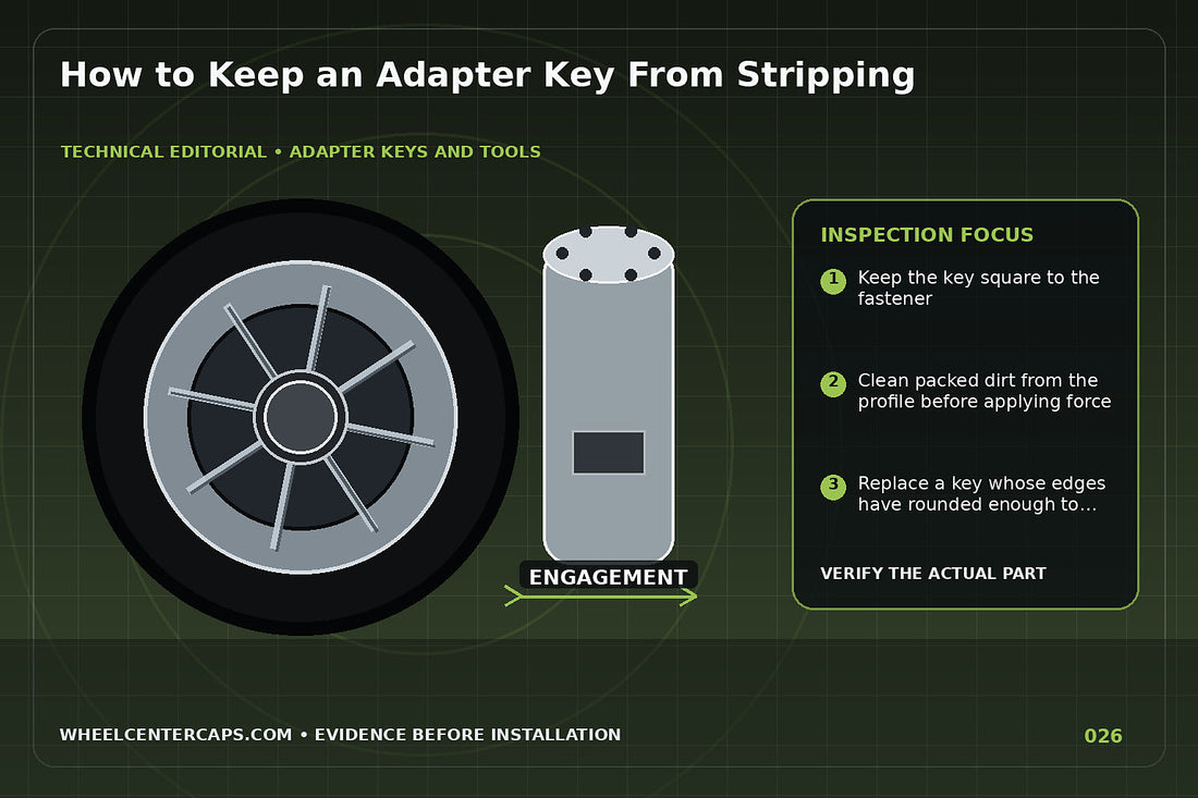 Worn spline key beside a crisp new key and proper alignment; technical editorial illustration for stripped adapter key with no manufacturer logo reproduction