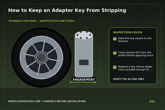 Worn spline key beside a crisp new key and proper alignment; technical editorial illustration for stripped adapter key with no manufacturer logo reproduction