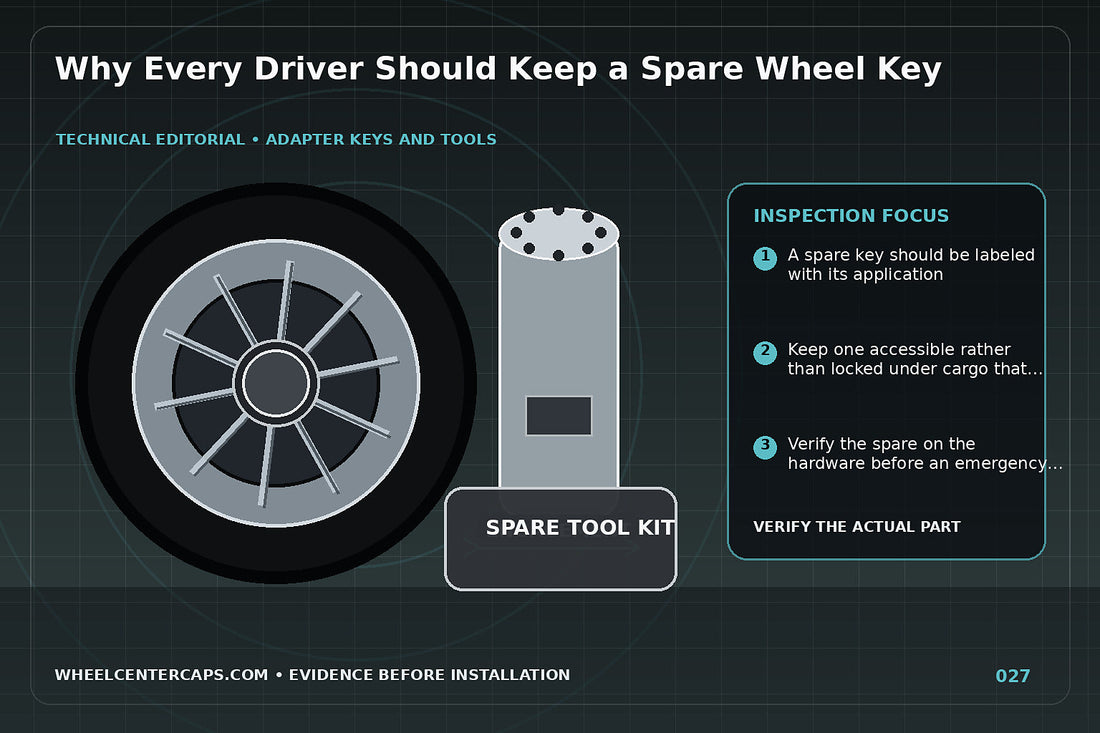 Compact glovebox pouch holding a labeled spare adapter key; technical editorial illustration for spare wheel key with no manufacturer logo reproduction