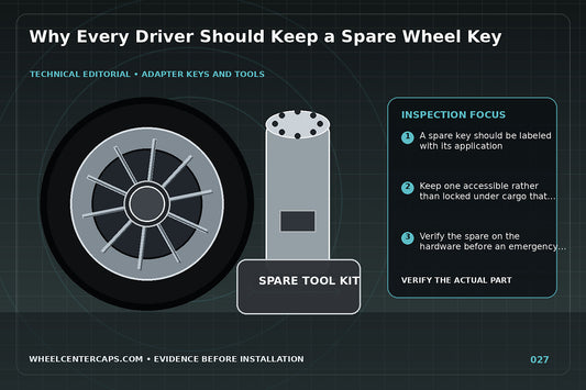Compact glovebox pouch holding a labeled spare adapter key; technical editorial illustration for spare wheel key with no manufacturer logo reproduction