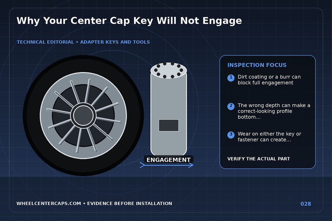 Key hovering over fastener with four annotated mismatch causes; technical editorial illustration for center cap key not fitting with no manufacturer logo reproduction