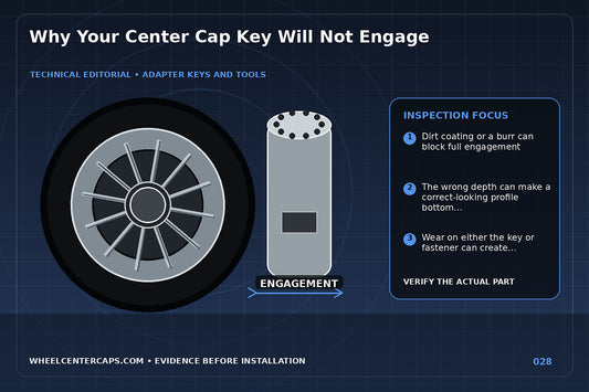Key hovering over fastener with four annotated mismatch causes; technical editorial illustration for center cap key not fitting with no manufacturer logo reproduction