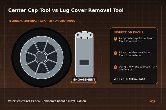 Side-by-side cap tool and lug-cover puller used on labeled parts; technical editorial illustration for center cap removal tool with no manufacturer logo reproduction