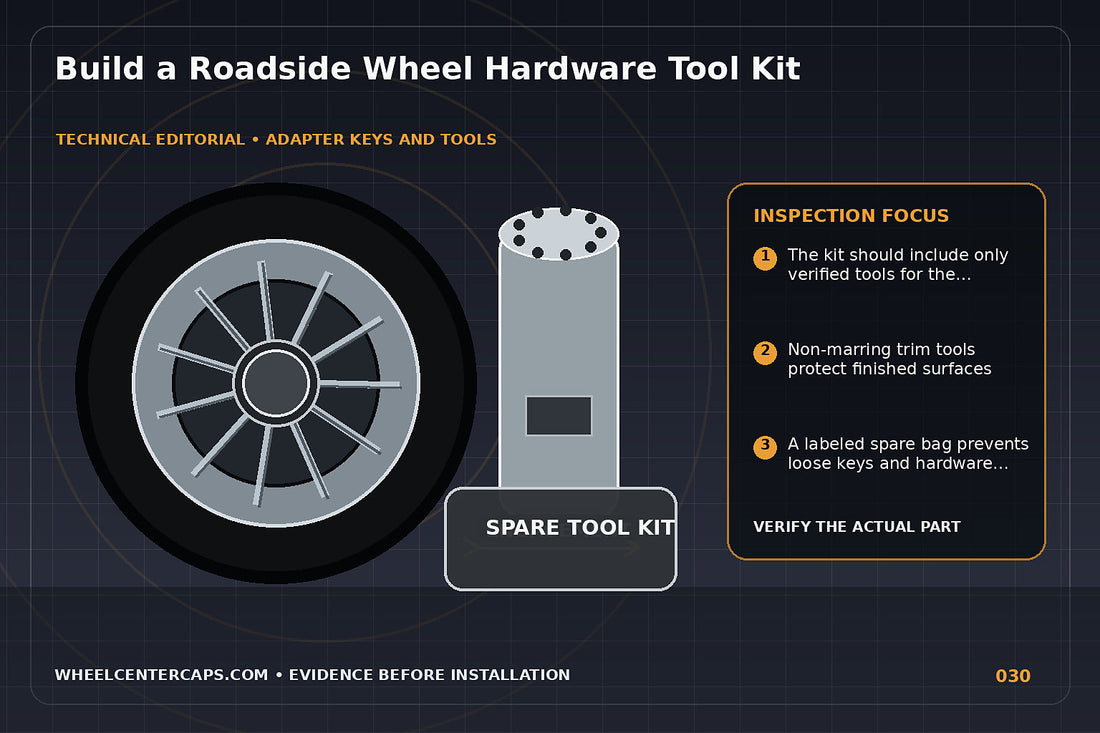 Neatly arranged roadside wheel hardware kit in a small case; technical editorial illustration for wheel key tool kit with no manufacturer logo reproduction