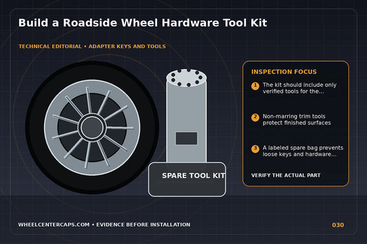 Neatly arranged roadside wheel hardware kit in a small case; technical editorial illustration for wheel key tool kit with no manufacturer logo reproduction