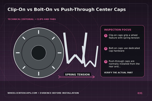 Three wheel cross-sections showing clip-on bolt-on and push-through caps; technical editorial illustration for types of center caps with no manufacturer logo reproduction