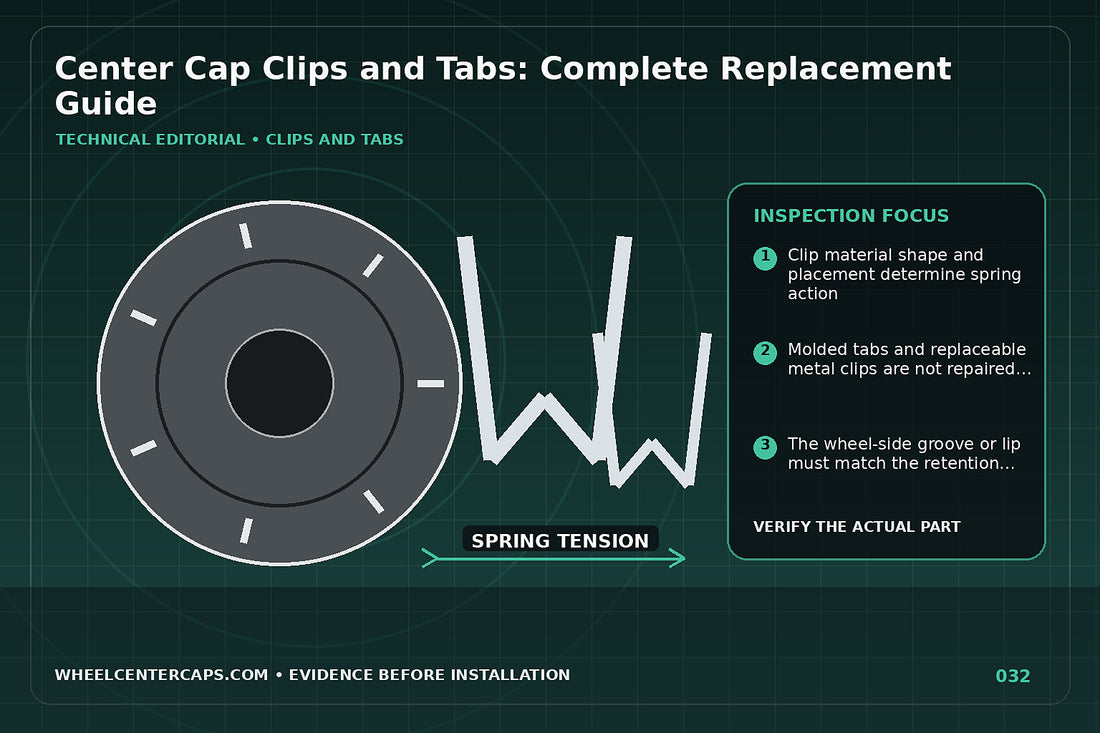 Assortment of metal clips and plastic cap tabs on a parts tray; technical editorial illustration for center cap clips with no manufacturer logo reproduction