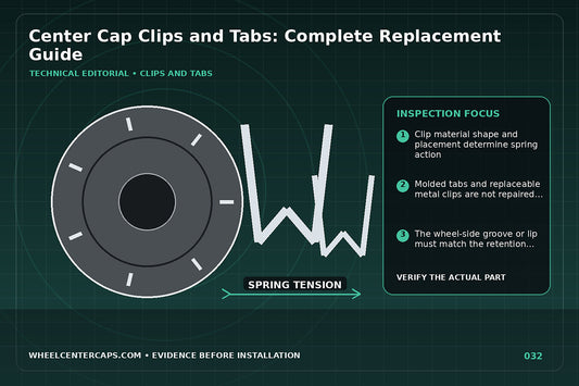 Assortment of metal clips and plastic cap tabs on a parts tray; technical editorial illustration for center cap clips with no manufacturer logo reproduction